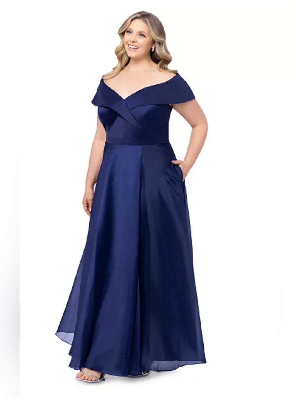 Xscape Plus-Size One-Shoulder Navy Formal Gown